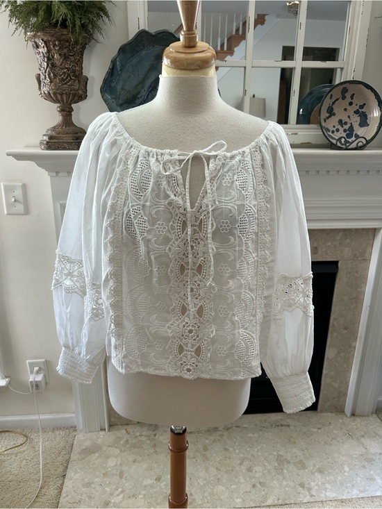 Jennifer & Grace Tops - Jennifer & Grace White Lace Peasant Blouse with Tie Neck